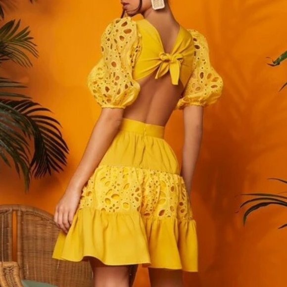 Boho Cut Out Embroidery Eyelet Ruffle Trim Tie Back Dress - Picture 3 of 7